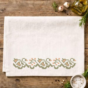 Desenho de Bordado para Borda de Cozinha Verde Oliva 258 x 45 mm – Padrão de Bordado à Máquina em Ponto Cruz, Borda para Toalha Estilo Fazenda, Download Digital