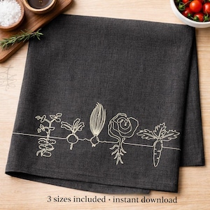May include: Charcoal grey kitchen towel featuring embroidered line drawings of vegetables such as a carrot and radish. The text "3 sizes included • instant download" is at the bottom.