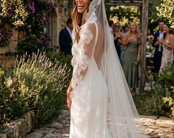 Voile de mariée mantille, dentelle festonnée, voile de mariage cathédrale, voile de dentelle chantilly pour la mariée, voile de tulle doux, voile de bordure dentelle florale
