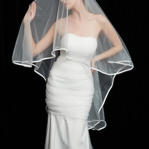 Satin Ribbon Wedding Veil, Ribbon Trim Bridal Veil, Satin Edge Veil, 2 Tier Waltz Length Veil, Satin Trim Veil Cathedral Veil