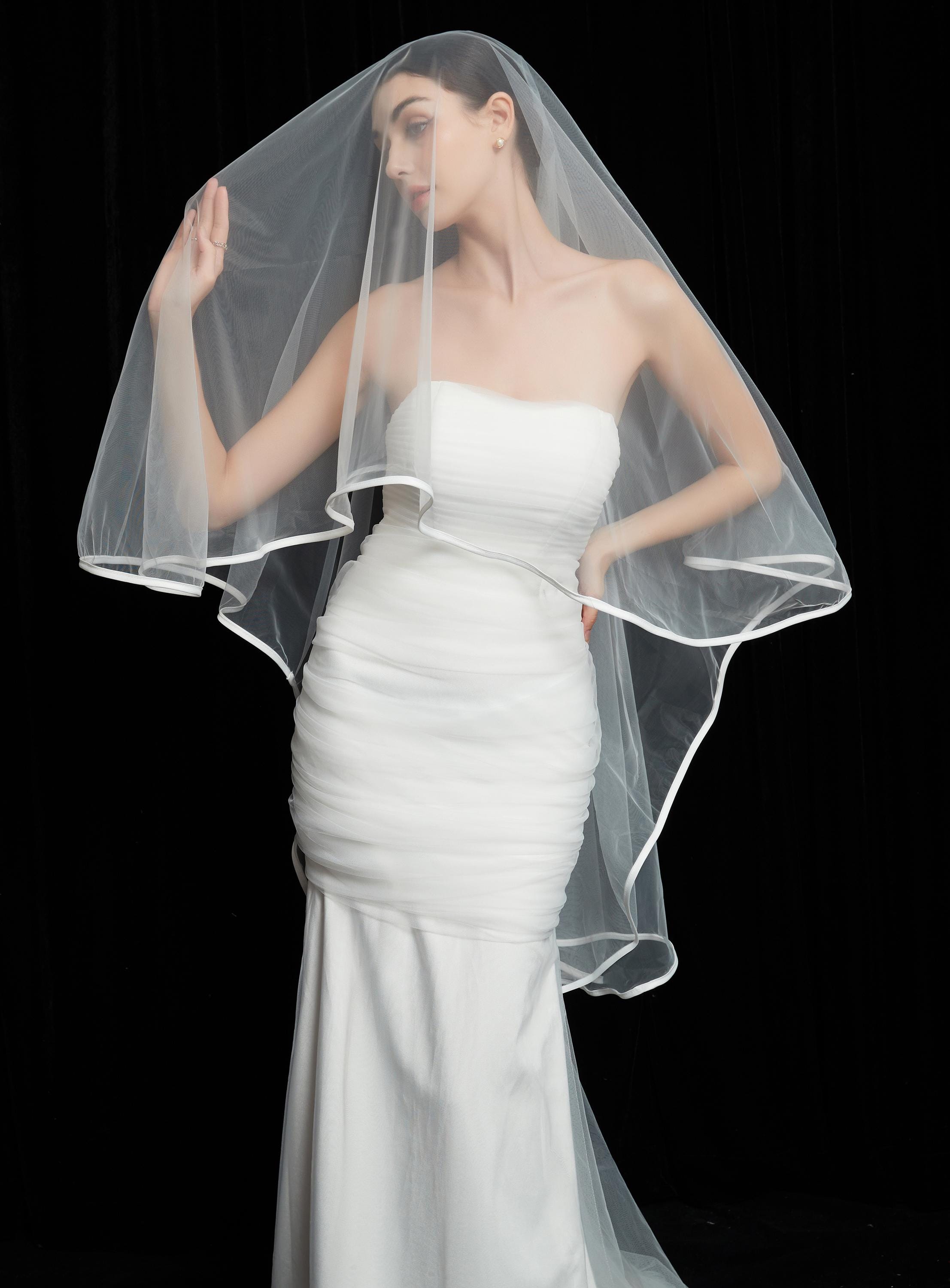 Satin Ribbon Wedding Veil, Ribbon Trim Bridal Veil, Satin Edge Veil, 2 Tier  Waltz Length Veil, Satin Trim Veil Cathedral Veil - Etsy, image size:2213x3000