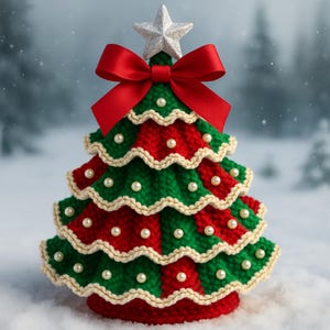 Haakpatroon voor een geplooide kerstboom (PDF) – gelaagde kerstboom met strik en parels, doe-het-zelf amigurumi, direct digitaal downloaden