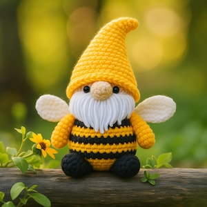 Puede incluir: Un gnomo de crochet con un sombrero amarillo y un traje de abeja a rayas negras y amarillas. El gnomo tiene una barba blanca y está sentado sobre una superficie de madera.