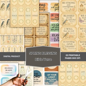 Puede incluir: Un conjunto digital imprimible de 23 páginas con versículos bíblicos y citas inspiradoras. Las páginas presentan un tema primaveral con diseños florales y fondos de acuarela. El texto incluye frases como "Regocíjate en la esperanza", "Deja que tu luz brille" y "Sé fuerte y valiente".