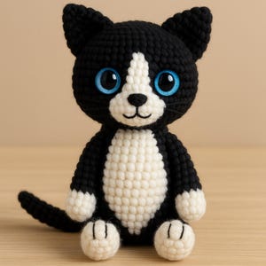 Puede incluir: Una muñeca de gato de ganchillo hecha a mano con colores blanco y negro. El gato tiene grandes ojos azules, un pecho blanco y patas blancas. El gato está sentado erguido con la cola enrollada hacia un lado. El fondo es de color marrón claro.
