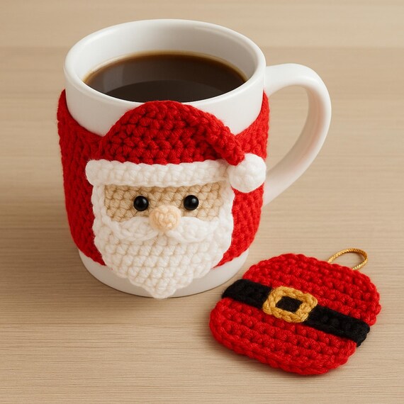 Crochet Pattern Santa Mug Cozy and Coaster Set: Christmas Coffee Warmer