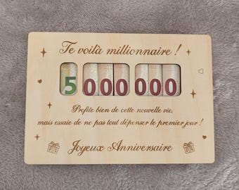Regalo de cumpleaños original de madera: ¡Ahora eres millonario! – Portabilletes personalizable
