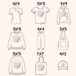 May include: A set of nine different blank apparel and accessories items, including a polo shirt, t-shirt, hoodie, sweatshirt, pants, apron, tote bag, and baseball cap. Each item has a 4x4, 5x5, 7x7, 9x9, or 11x11 inch blank area for customization.