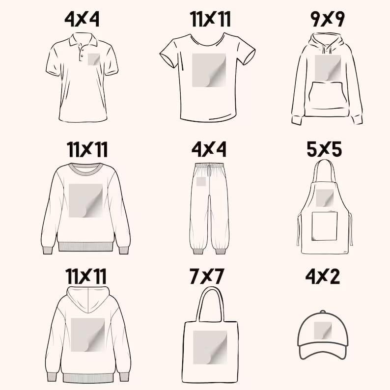 May include: A set of nine different blank apparel and accessories items, including a polo shirt, t-shirt, hoodie, sweatshirt, pants, apron, tote bag, and baseball cap. Each item has a 4x4, 5x5, 7x7, 9x9, or 11x11 inch blank area for customization.