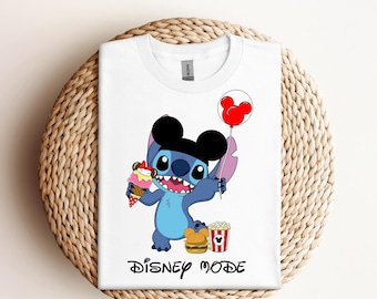 Stitch con globo de Mickey, Disney Mode DTF, Disney Lilo y Stitch, Vacaciones DTF, Trajes para viajar a Disneyland, Disney Mode Vacation DTF