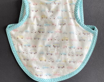 Reversible baby bib with transportation vehicles, tie bib, bibs