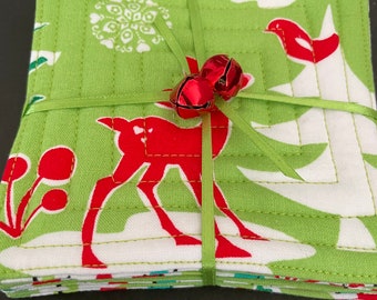 Holiday handmade quilted coaster set | retro holiday fabric