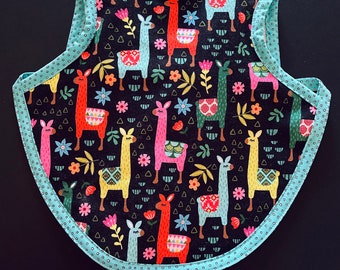 Baby bib reversible tie with colorful llamas, alpacas | handmade baby gift