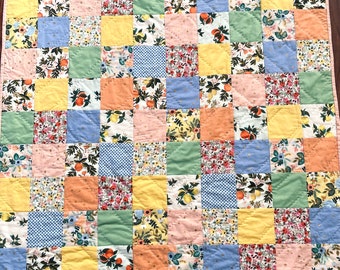 Handmade patchwork girl flower quilt | hand quilted Rifle Paper company quilt |