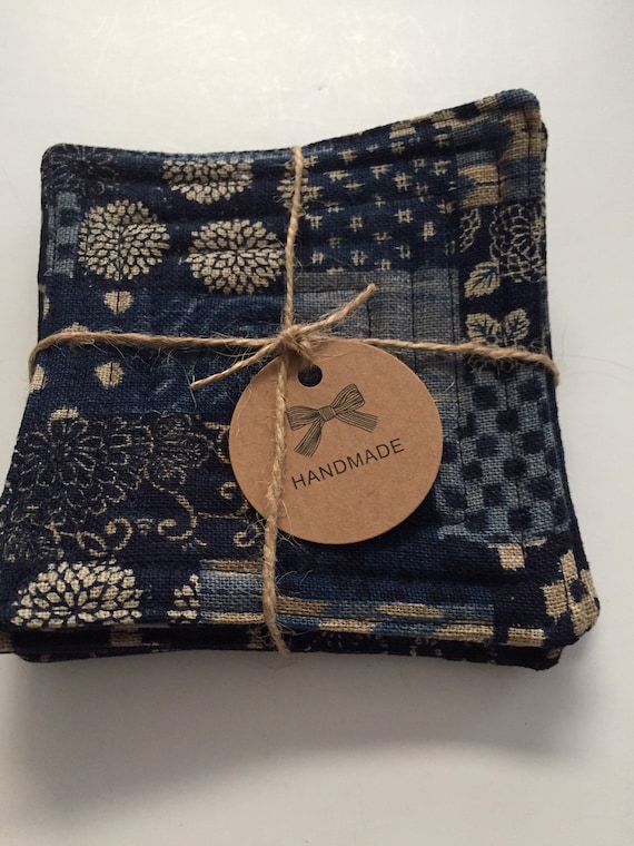 Handmade quilted Japanese fabric coasters set of 4 textured geometric fabric