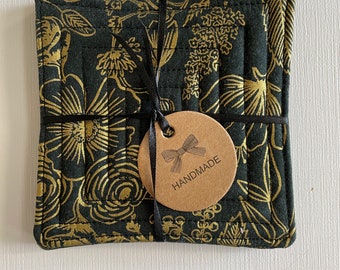 Handmade quilted coasters black with gold metallic reversible