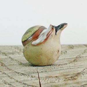May include: A small, ceramic bird figurine with a speckled, tan body. The bird's head and back are a mix of green, red, and yellow. The beak is black, and the wings are white with a red outline. The figurine is set on a wooden surface.