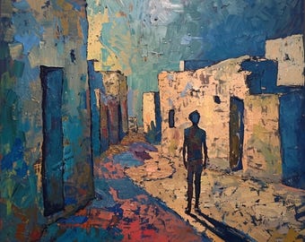Escena callejera original estilo impasto / Paisaje urbano azul melancólico sobre lienzo / Envoltura de 12x12 / Paisaje urbano con figura solitaria / Decoración Dark Academia