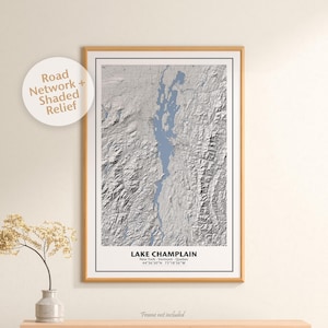 Lake Champlain | New York  | Vermont | Lac Champlain Quebec | 2D Shaded Relief Map | Lake Champlain Camping | Adirondack Mountains Map