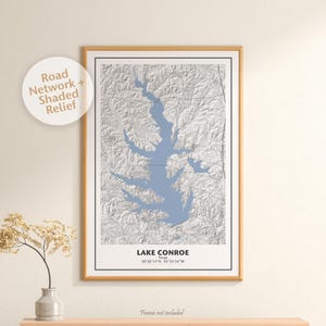 Lac Conroe Texas | Carte 2D en relief ombré | Poster Lake Conroe, Texas | Cadeau Lake Conroe, Texas | Impression de carte de Lake Conroe, Texas | Impression sans cadre
