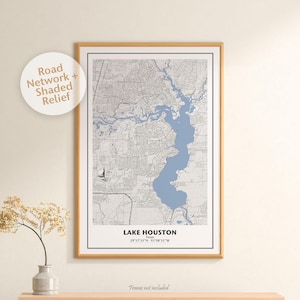 May include: A black and white map of Lake Houston, Texas, with a blue shaded area representing the lake. The map includes a road network and shaded relief. The text "LAKE HOUSTON" and the coordinates "29°57′55″N 95°08'55"W" are printed below the map.
