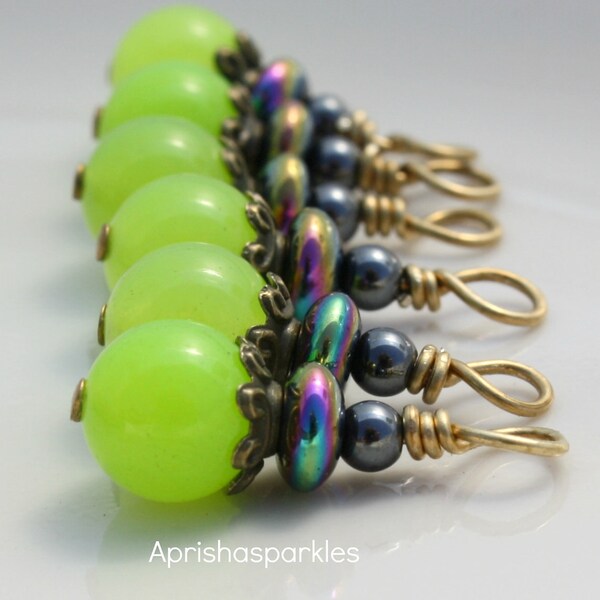 Bead Dangle Drop 8mm Neon Green Candy Jade Rounds and 4mm Hemitite with Brass and Antique Brass Metal (6) Handmade Supply Finding Charm Earr