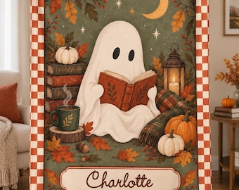Personalized Halloween Blanket with Reading Ghost, Sage Green and Terracotta Border / Fleece Minky Sherpa