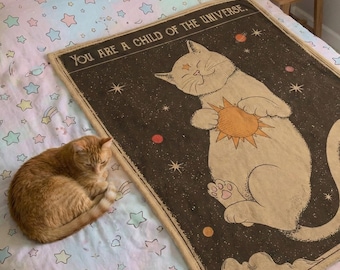 Cosmic Cat Blanket in Vintage Space Design, Minky Sherpa or Woven Throw