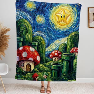Starry Night Mushroom Kingdom Throw Blanket, Gamer Art Style