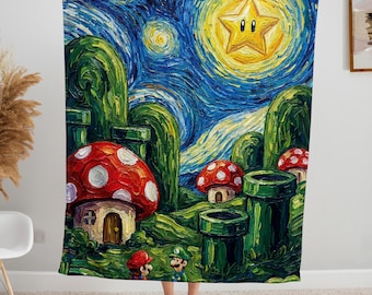 Starry Night Mushroom Kingdom Throw Blanket, Gamer Art Style
