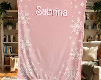 Custom Name Pink Snowflake Blanket, Personalized Soft Throw Minky Sherpa or Woven