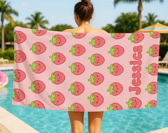 Custom Kawaii Strawberry Beach Towel: Personalized Summer Gift