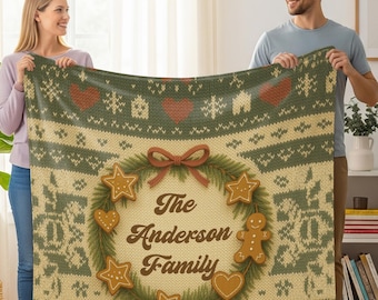 Personalized Christmas Blanket, Gingerbread Wreath Knitted Print, Minky Sherpa