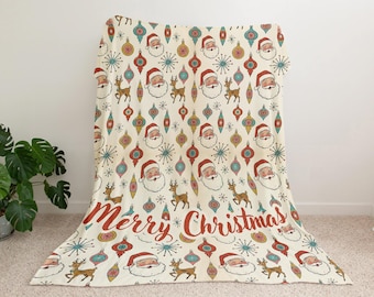 Personalized Christmas Blanket, Vintage Santa Reindeer Print, Minky Sherpa or Woven
