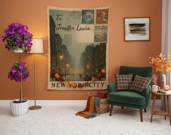 Personalized New York City Blanket – Vintage Postcard Minky, Sherpa, Woven