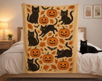Halloween Blanket: Black Cat & Pumpkin Minky Sherpa Throw