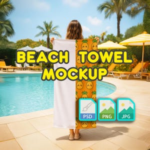 May include: A white beach towel mockup with a pineapple pattern on one side. The towel is held by a person standing near a swimming pool. The text "BEACH TOWEL MOCKUP" is displayed above the towel. The text "PSD, PNG, JPG" is displayed below the towel.