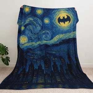 Van Gogh Starry Dark Night Blanket in Cityscape Design, Minky Woven or Sherpa Throw