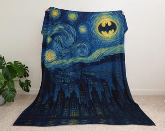Van Gogh Starry Dark Night Blanket in Cityscape Design, Minky Woven or Sherpa Throw