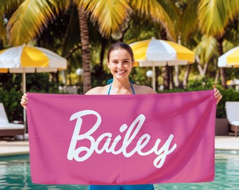 Personalized Pink Beach Towel: Custom Name, Soft Microfiber