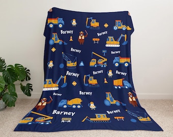 Personalized Construction Blanket: Trucks, Diggers, Cranes - Custom Kids Room Decor