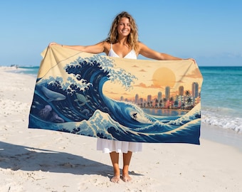 Miami The Great Wave Beach Towel, Tropical Skyline Coastal Summer Towel