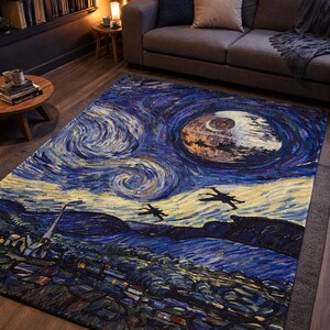May include: A rectangular area rug featuring a stylized depiction of a space battle in the style of Van Gogh's "Starry Night." The rug showcases a swirling blue and yellow sky, a Death Star, and X-wing fighters. The rug is placed on a wooden floor.