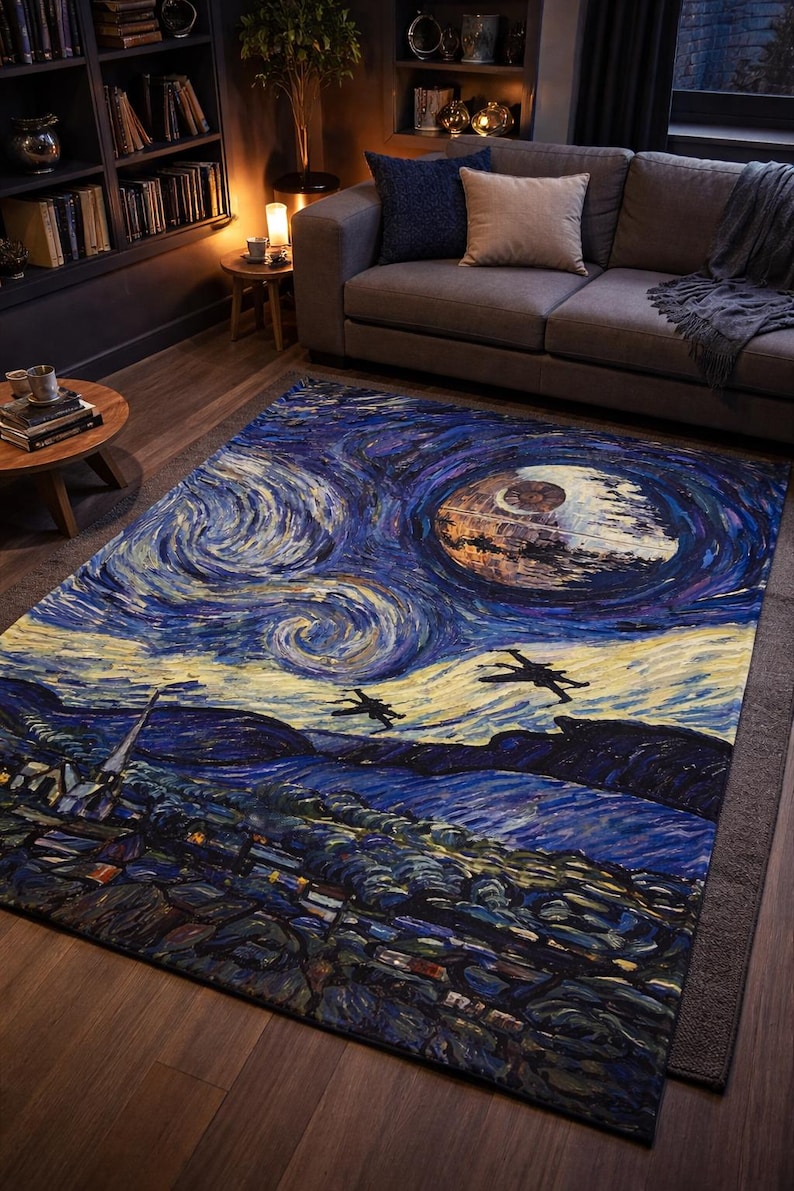 May include: A rectangular area rug featuring a stylized depiction of a space battle in the style of Van Gogh's "Starry Night." The rug showcases a swirling blue and yellow sky, a Death Star, and X-wing fighters. The rug is placed on a wooden floor.