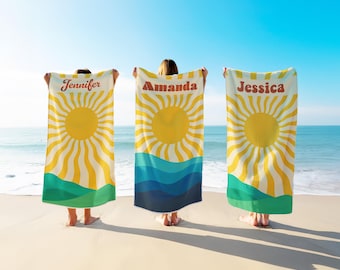 Personalized Beach Towel: Retro Sun & Waves, Custom Name