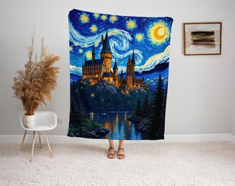 Starry Night Wizard Castle Blanket: Van Gogh Inspired Fantasy Throw