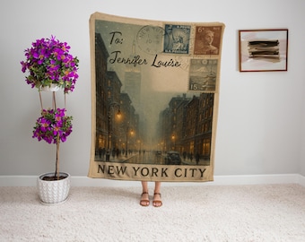 Personalized New York City Blanket – Vintage Postcard Travel Throw