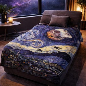 May include: A bed with a throw blanket featuring a starry night design with a Death Star and two TIE fighters. The blanket is primarily blue, yellow, and white. The room has a large window with a view of a galaxy.