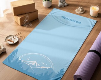 Personalized Mountain Yoga Towel: Custom Name Fitness Mat Cover
