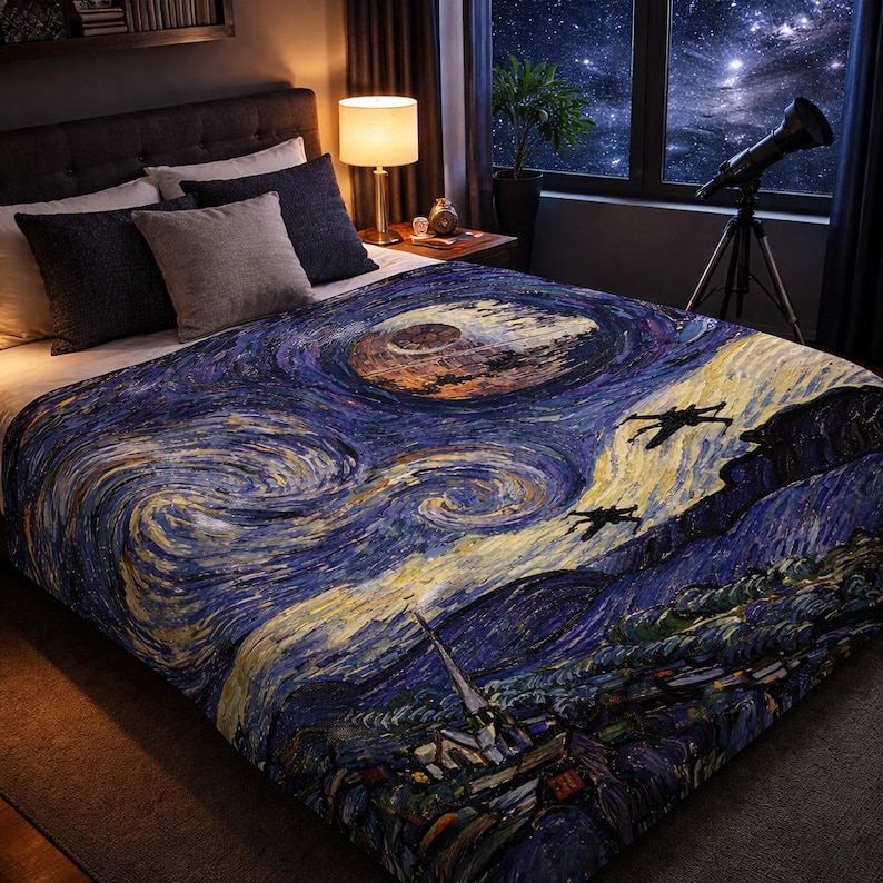May include: A bedspread featuring a unique design that blends the iconic Starry Night painting with elements from a science fiction movie. The design includes swirling blues, yellows, and whites, with a celestial body and spacecraft.
